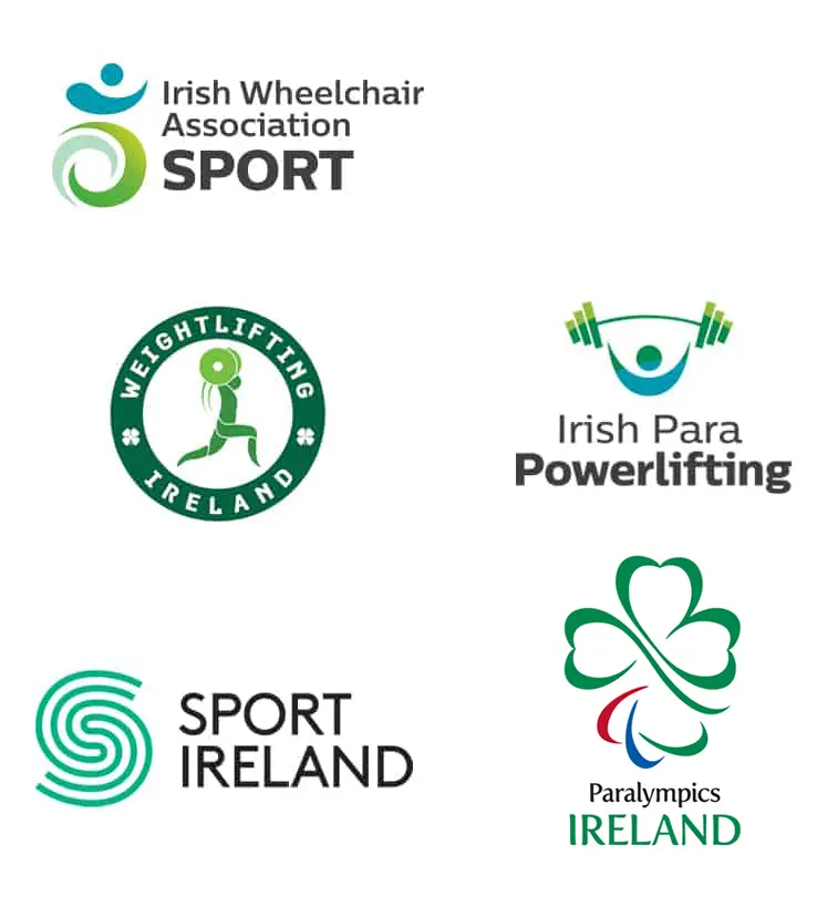 image of various sport NGB logos displayed: IWA-Sport, Weightlifting Ireland, Irish Para Powerlifting, Sport Ireland, Paralympics Ireland