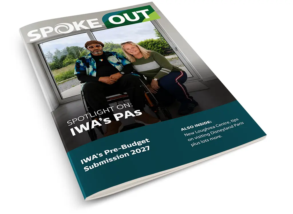 magazine mockup of the May 2026 edition of spokeout magazine which displays an image of a man in his wheelchair pictured at this home with his PA